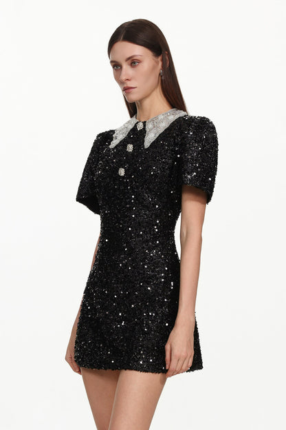 dora Buttoned Contrast Collar Sequin Mini Dress in black
