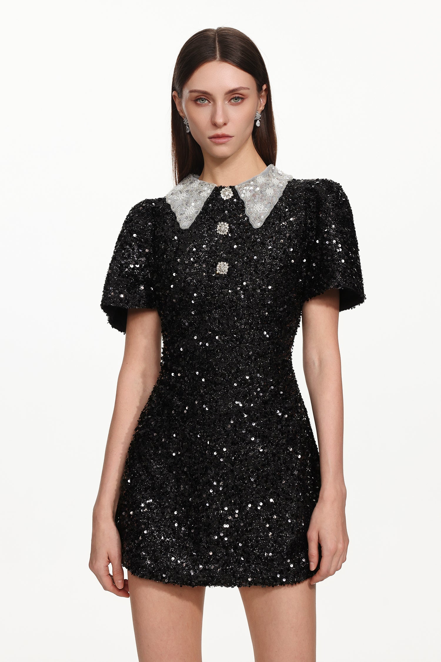 dora Buttoned Contrast Collar Sequin Mini Dress in black