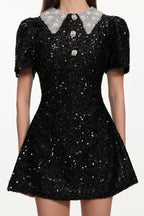Flowering Girl Women dora Buttoned Contrast Collar Sequin Mini Dress in black