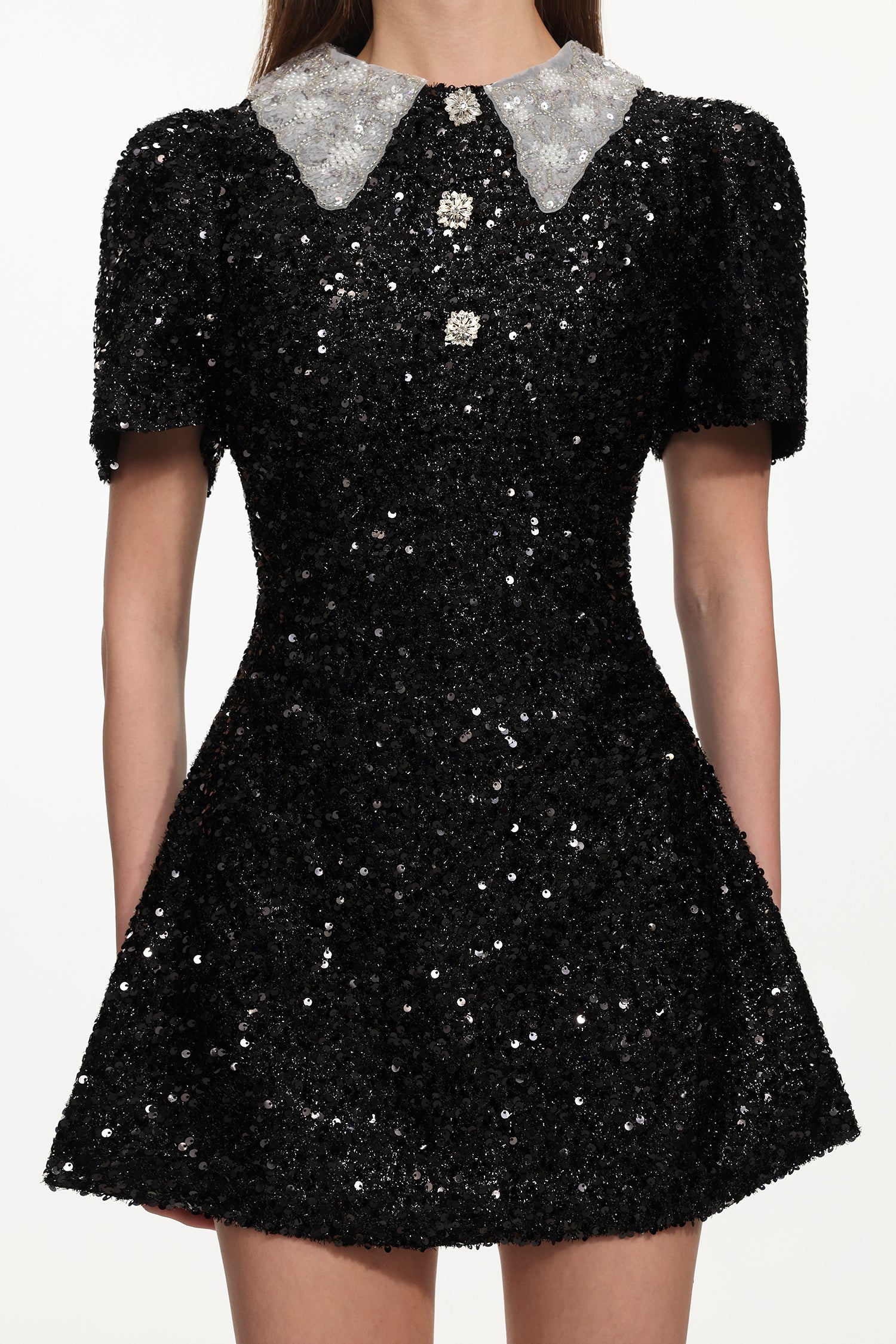 Flowering Girl Women dora Buttoned Contrast Collar Sequin Mini Dress in black