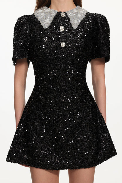 dora Buttoned Contrast Collar Sequin Mini Dress in black
