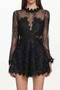 Sheer Lace Long Sleeve Skort Romper