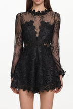 Sheer Lace Long Sleeve Skort Romper