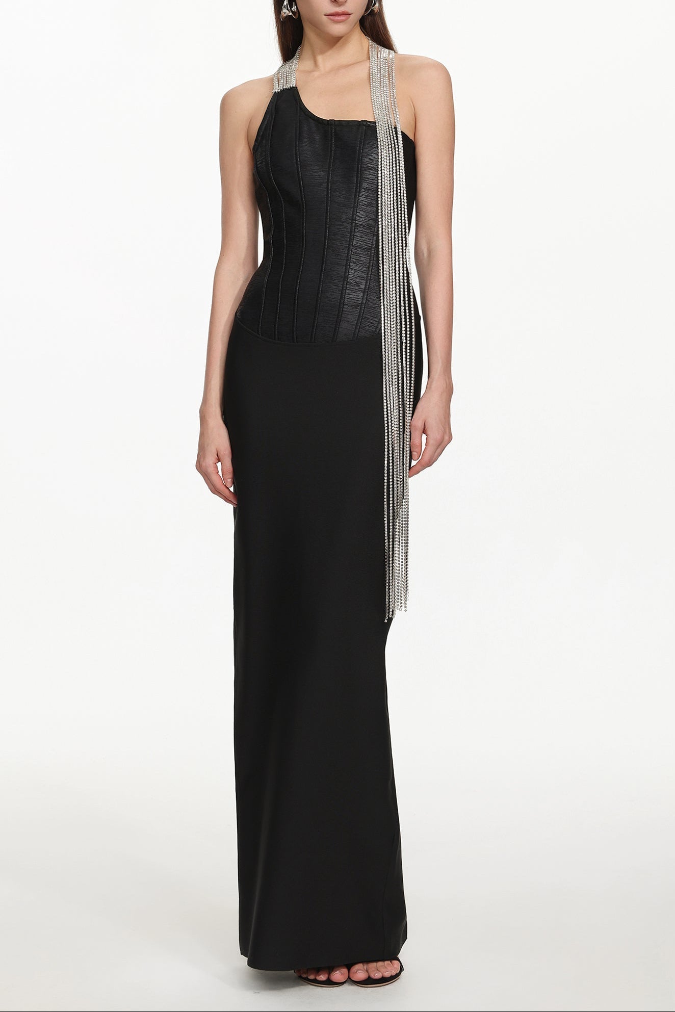 Fero One Shoulder Metal Fringe Bandage Maxi Dress