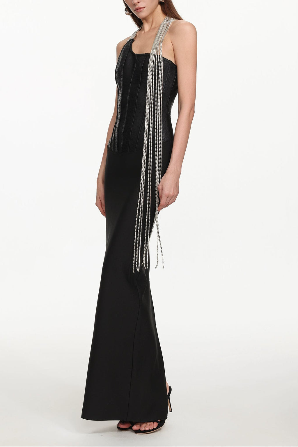 Fero One Shoulder Metal Fringe Bandage Maxi Dress