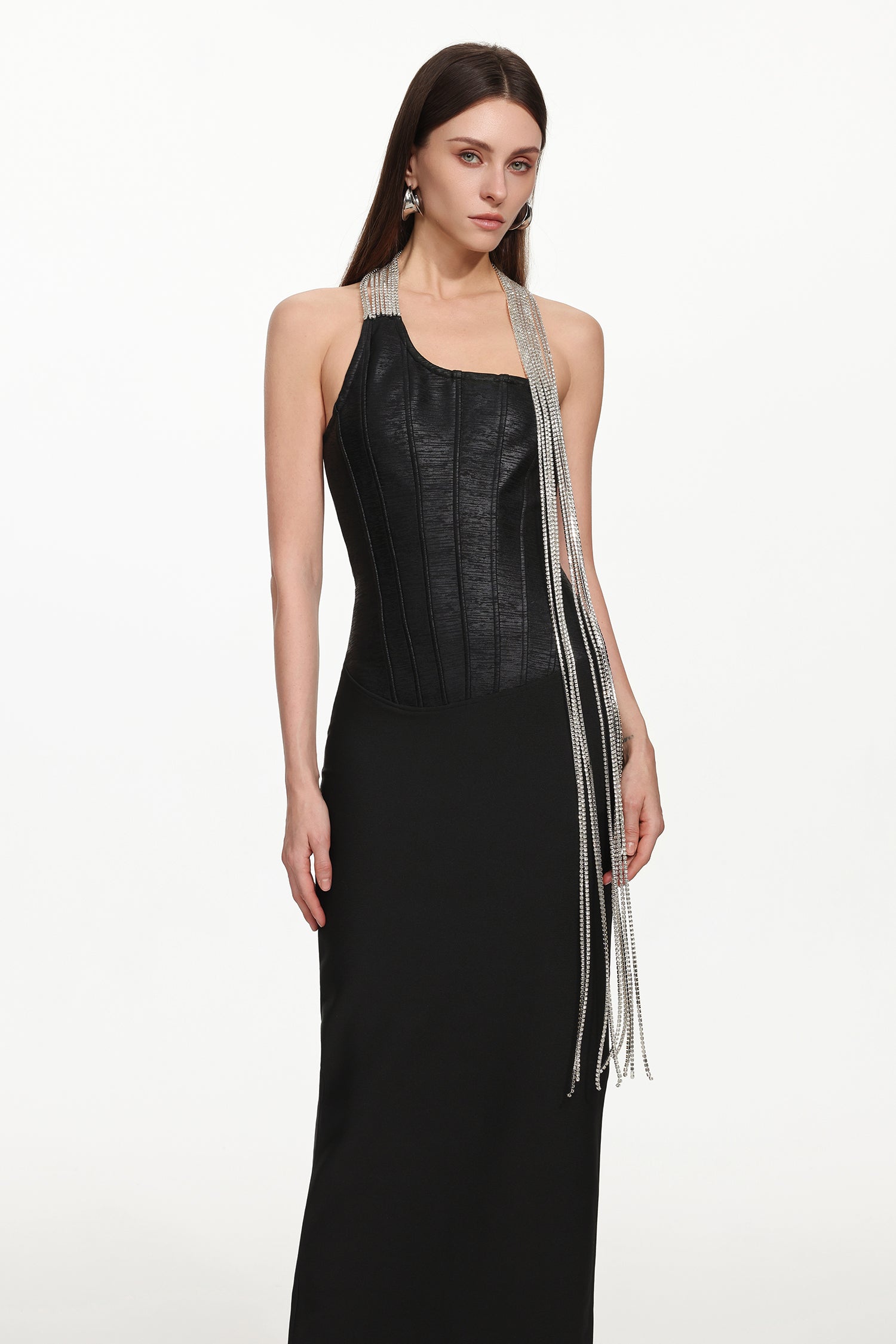 Fero One Shoulder Metal Fringe Bandage Maxi Dress