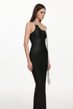 Fero One Shoulder Metal Fringe Bandage Maxi Dress