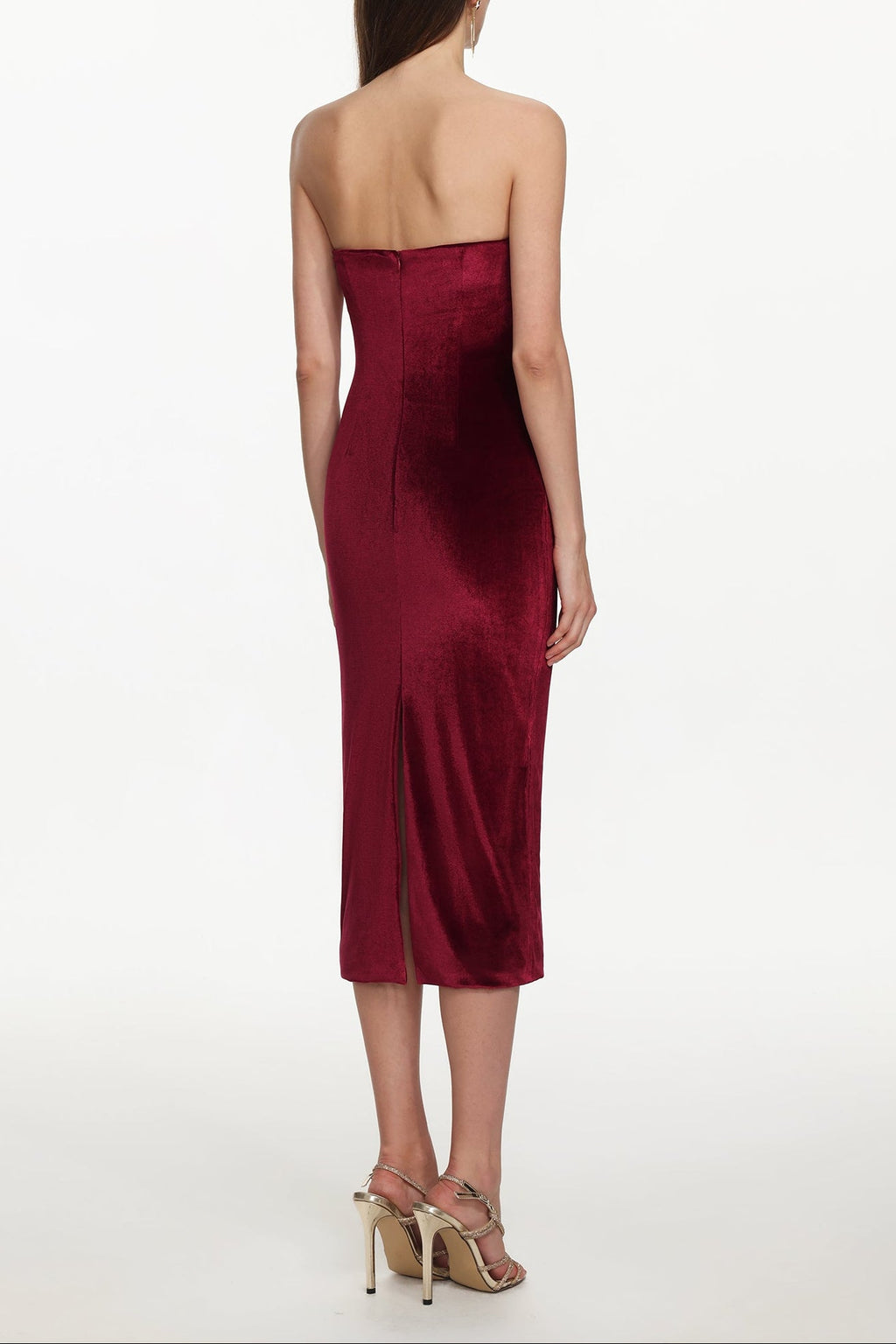 Yamia Romantic Contour Strapless Ruched Velvet Midi Dress