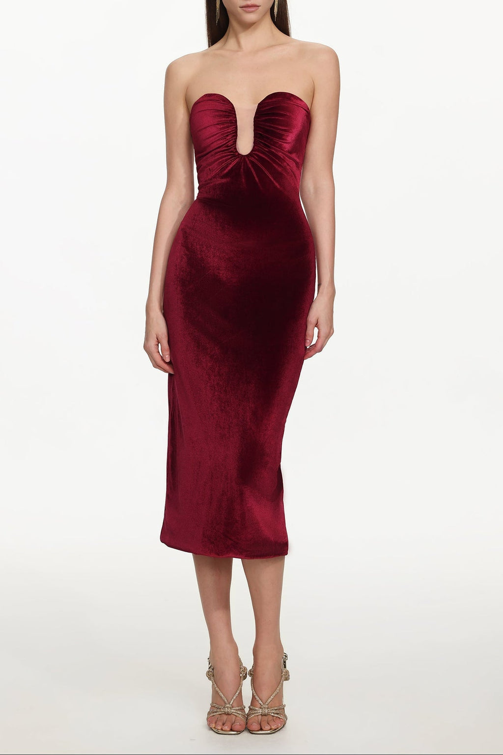 Yamia Romantic Contour Strapless Ruched Velvet Midi Dress