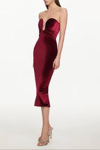 Yamia Romantic Contour Strapless Ruched Velvet Midi Dress