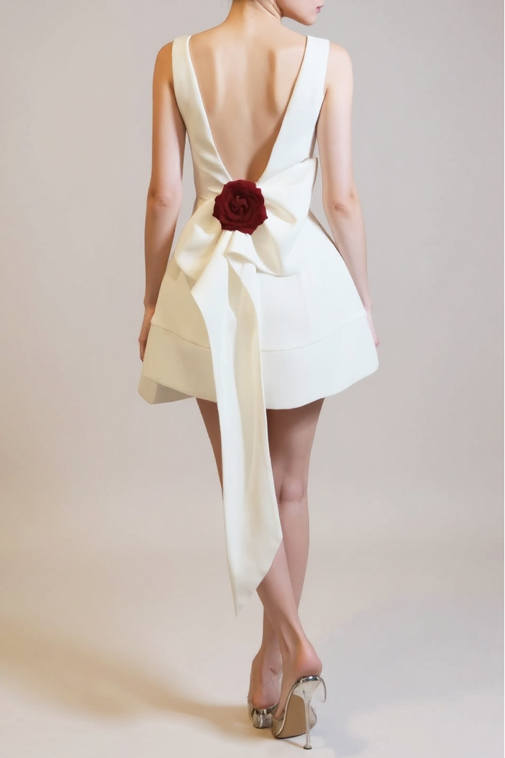 Joanna Backless Flower Bow Embellished Mini Dress In White