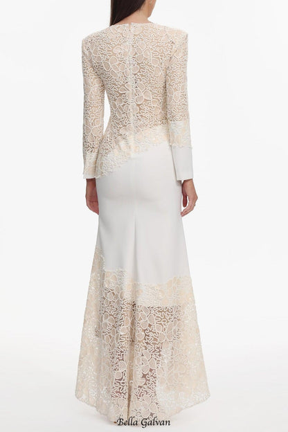 jacqueline Beige lace Embroidered long sleeve Maxi Dress