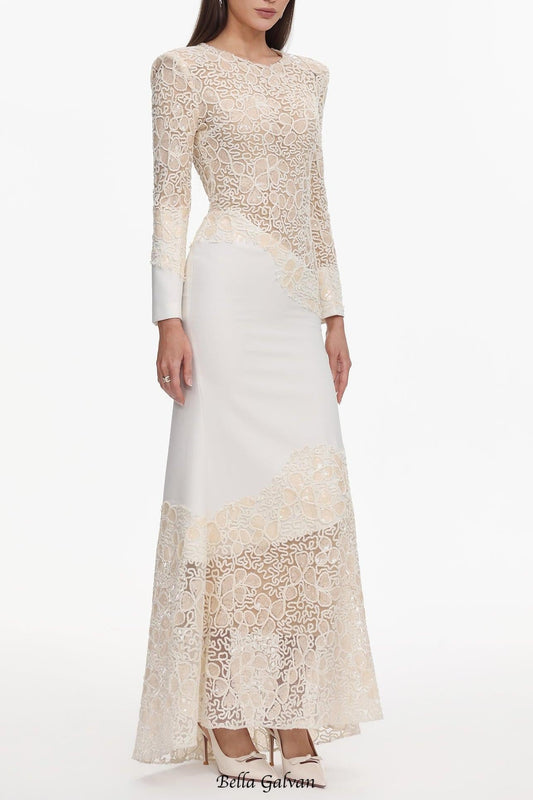 jacqueline Beige lace Embroidered long sleeve Maxi Dress
