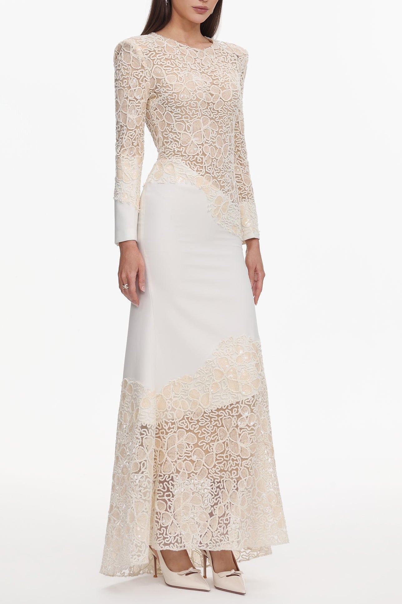 Jacqueline Beige Lace Embroidered Long Sleeve Maxi Dress