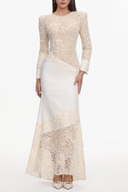 jacqueline Beige lace Embroidered long sleeve Maxi Dress