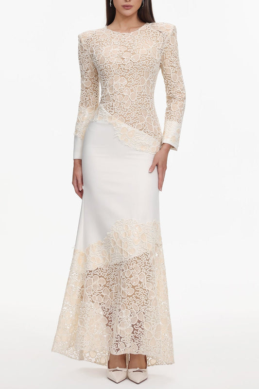 jacqueline Beige lace Embroidered long sleeve Maxi Dress