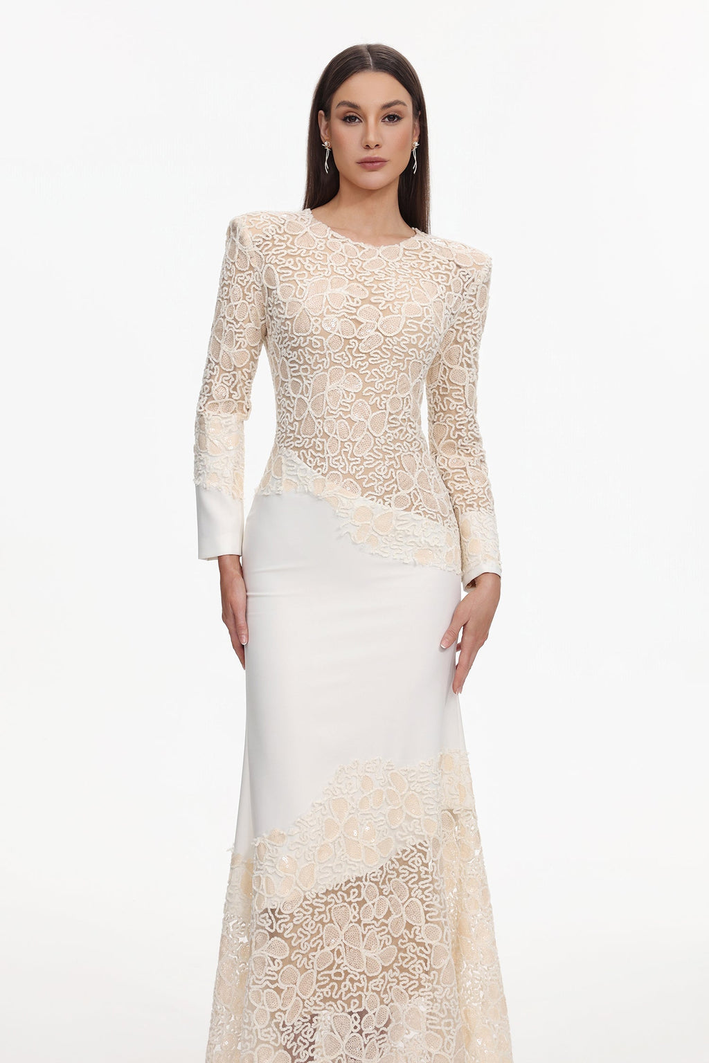 jacqueline Beige lace Embroidered long sleeve Maxi Dress