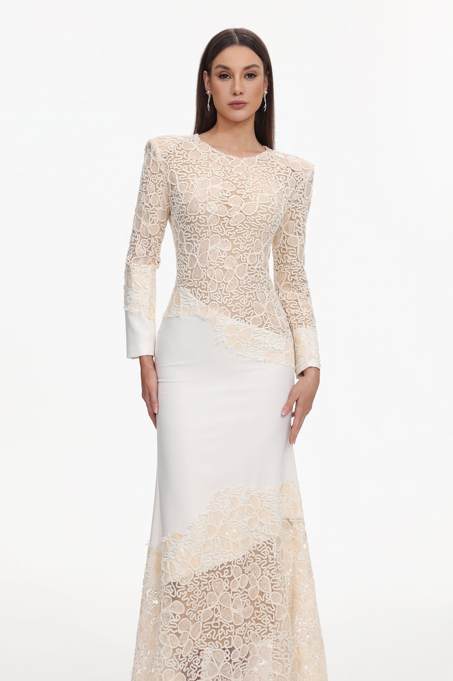 jacqueline Beige lace Embroidered long sleeve Maxi Dress