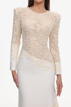 jacqueline Beige lace Embroidered long sleeve Maxi Dress