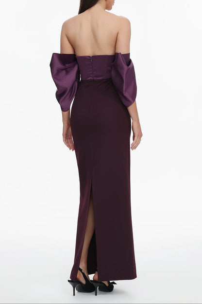 Sareka Off Shoulder Pleated Satin Maxi Dress