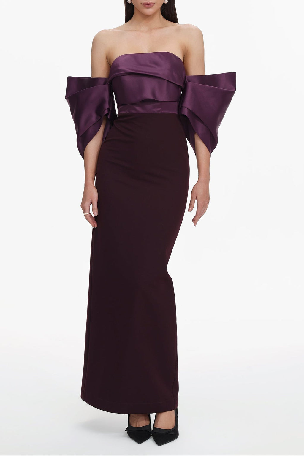 Flowering Girl Women Sareka Off Shoulder Pleated Satin Maxi Dress
