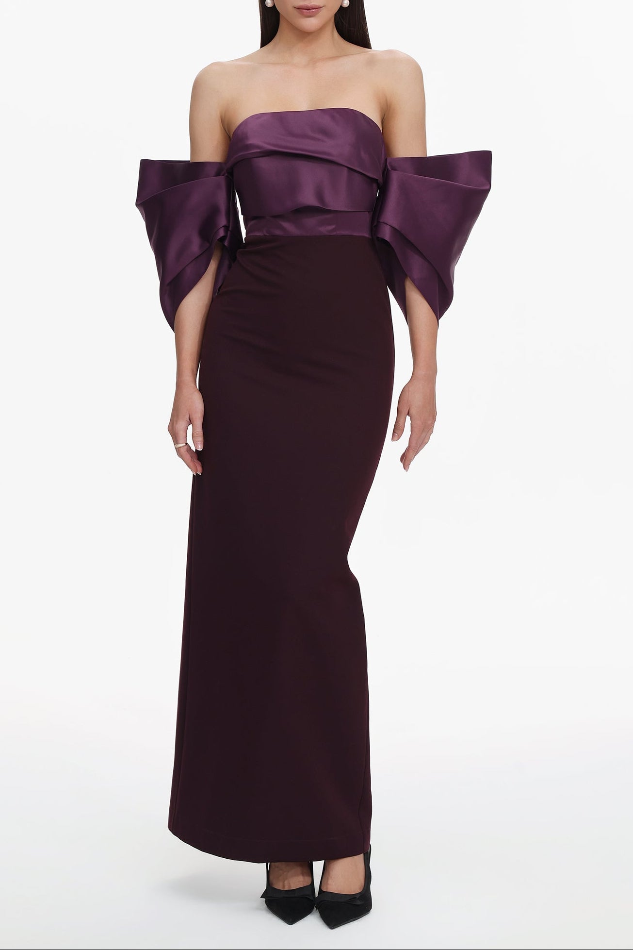 Flowering Girl Women Sareka Off Shoulder Pleated Satin Maxi Dress