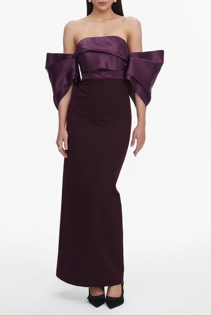 Sareka Off Shoulder Pleated Satin Maxi Dress
