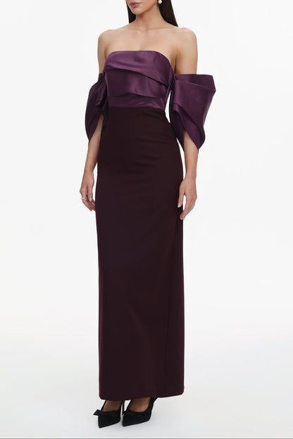Sareka Off Shoulder Pleated Satin Maxi Dress