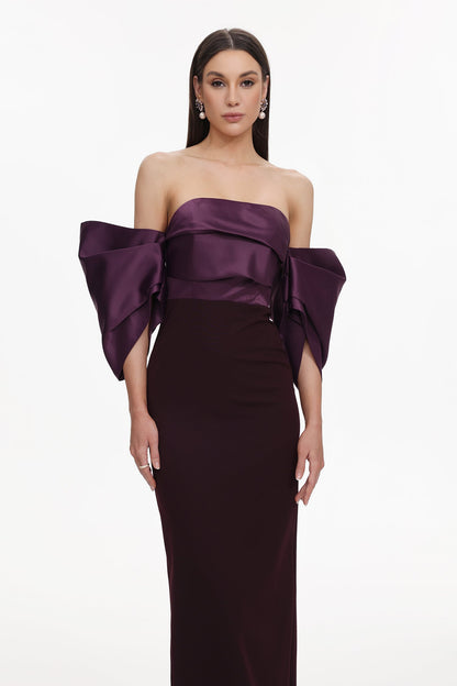 Sareka Off Shoulder Pleated Satin Maxi Dress