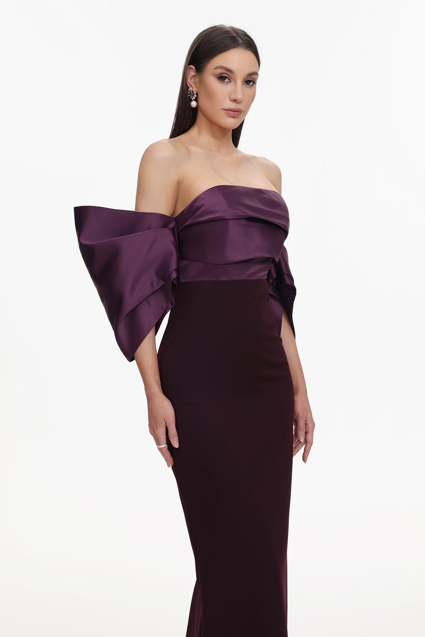 Sareka Off Shoulder Pleated Satin Maxi Dress