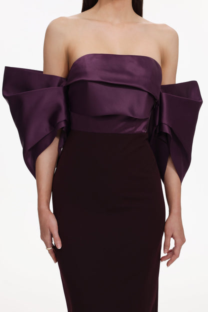 Sareka Off Shoulder Pleated Satin Maxi Dress