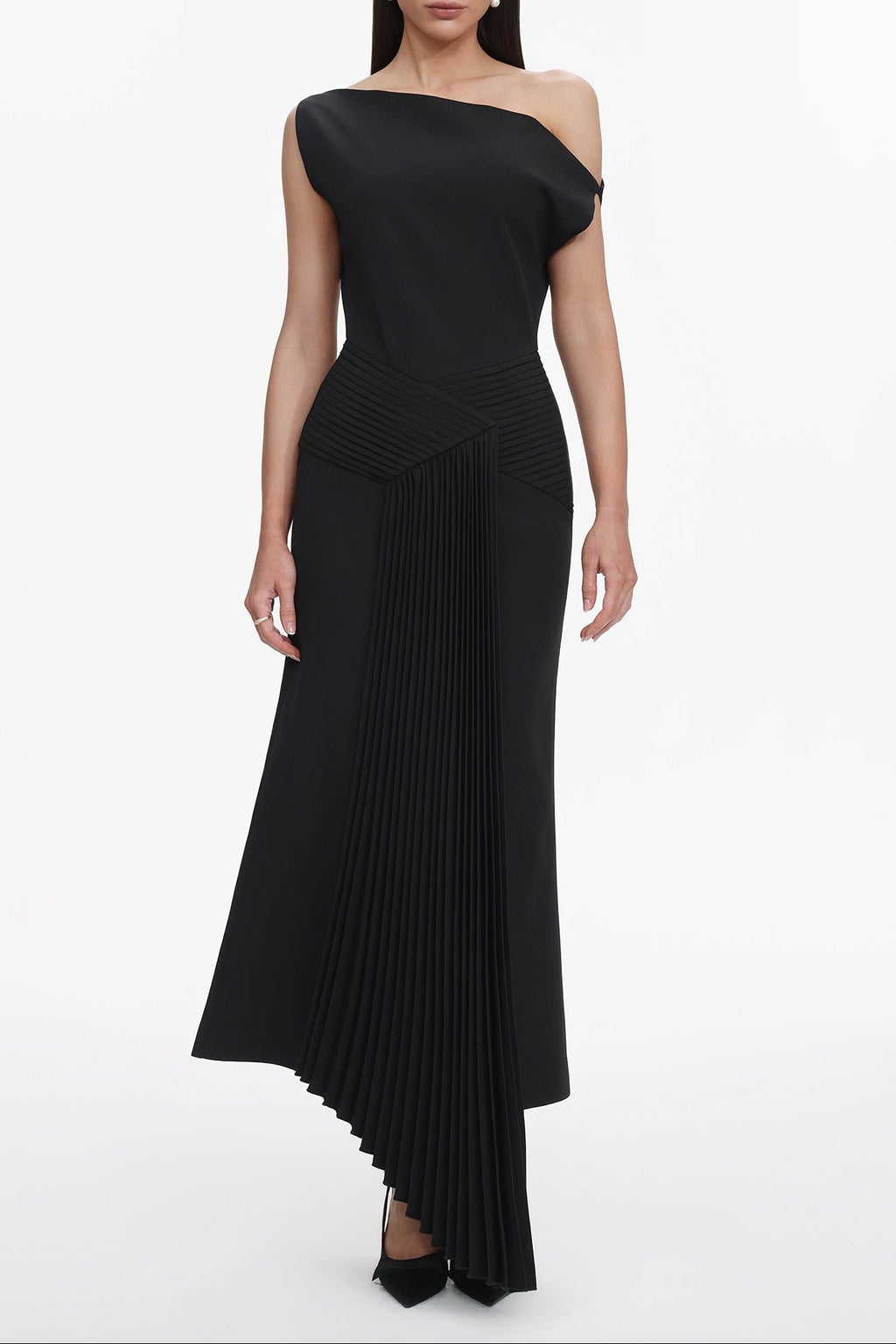 Juny Oblique Shoulder Sleeveless Folds Midi Dress