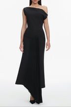 Juny Oblique Shoulder Sleeveless Folds Midi Dress