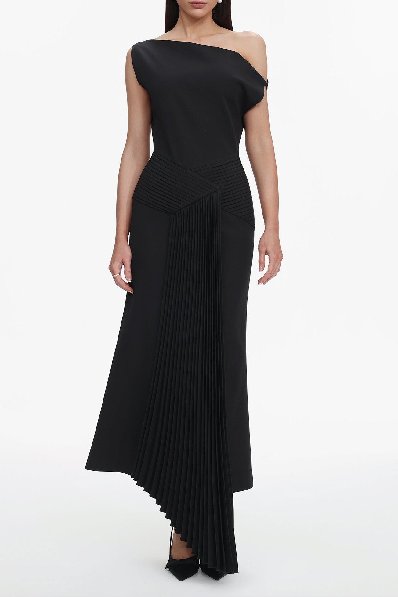 Juny Oblique Shoulder Sleeveless Folds Midi Dress
