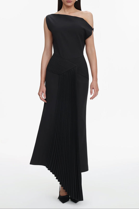 Juny Oblique Shoulder Sleeveless Folds Midi Dress