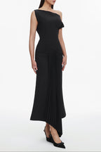 Juny Oblique Shoulder Sleeveless Folds Midi Dress