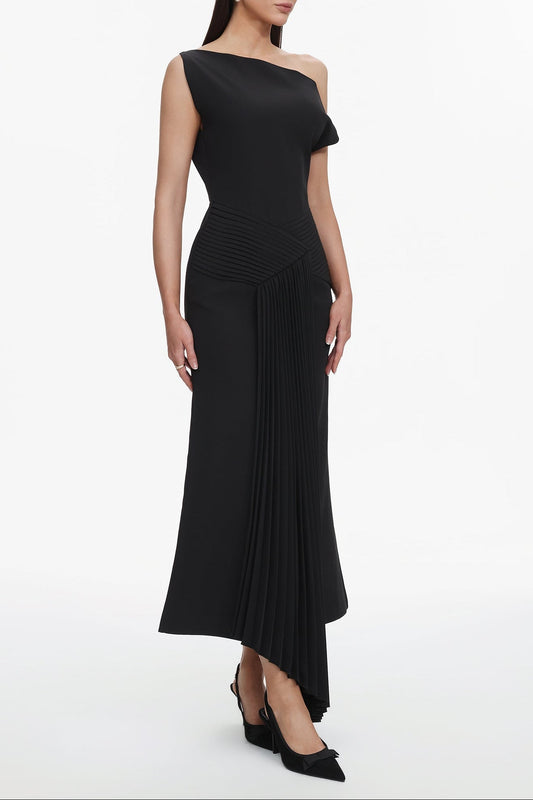 Juny Oblique Shoulder Sleeveless Folds Midi Dress