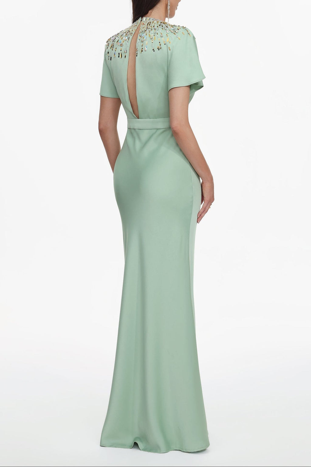 Lacey Short Sleeve Crystal Embellished Satin Maxi Dress