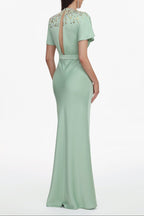 Lacey Short Sleeve Crystal Embellished Satin Maxi Dress
