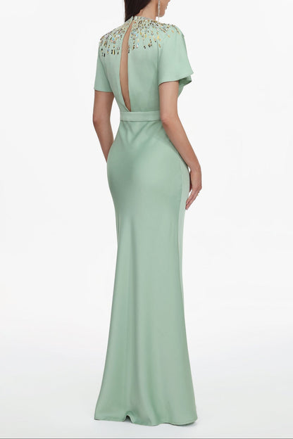 Lacey Short Sleeve Crystal Embellished Satin Maxi Dress