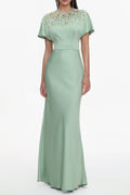 Lacey Short Sleeve Crystal Embellished Satin Maxi Dress