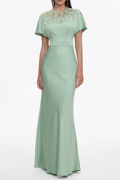 Lacey Short Sleeve Crystal Embellished Satin Maxi Dress