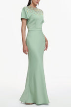 Lacey Short Sleeve Crystal Embellished Satin Maxi Dress