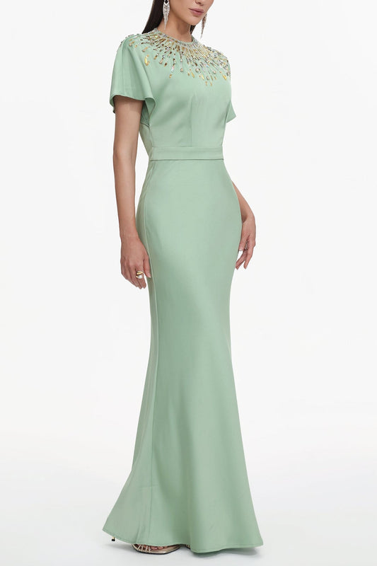 Lacey Short Sleeve Crystal Embellished Satin Maxi Dress