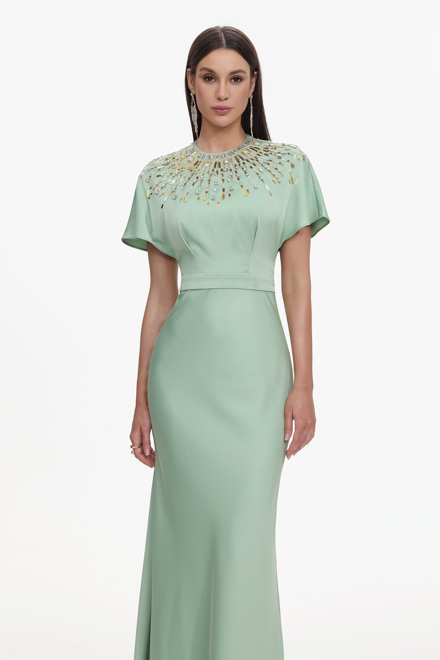 Lacey Short Sleeve Crystal Embellished Satin Maxi Dress