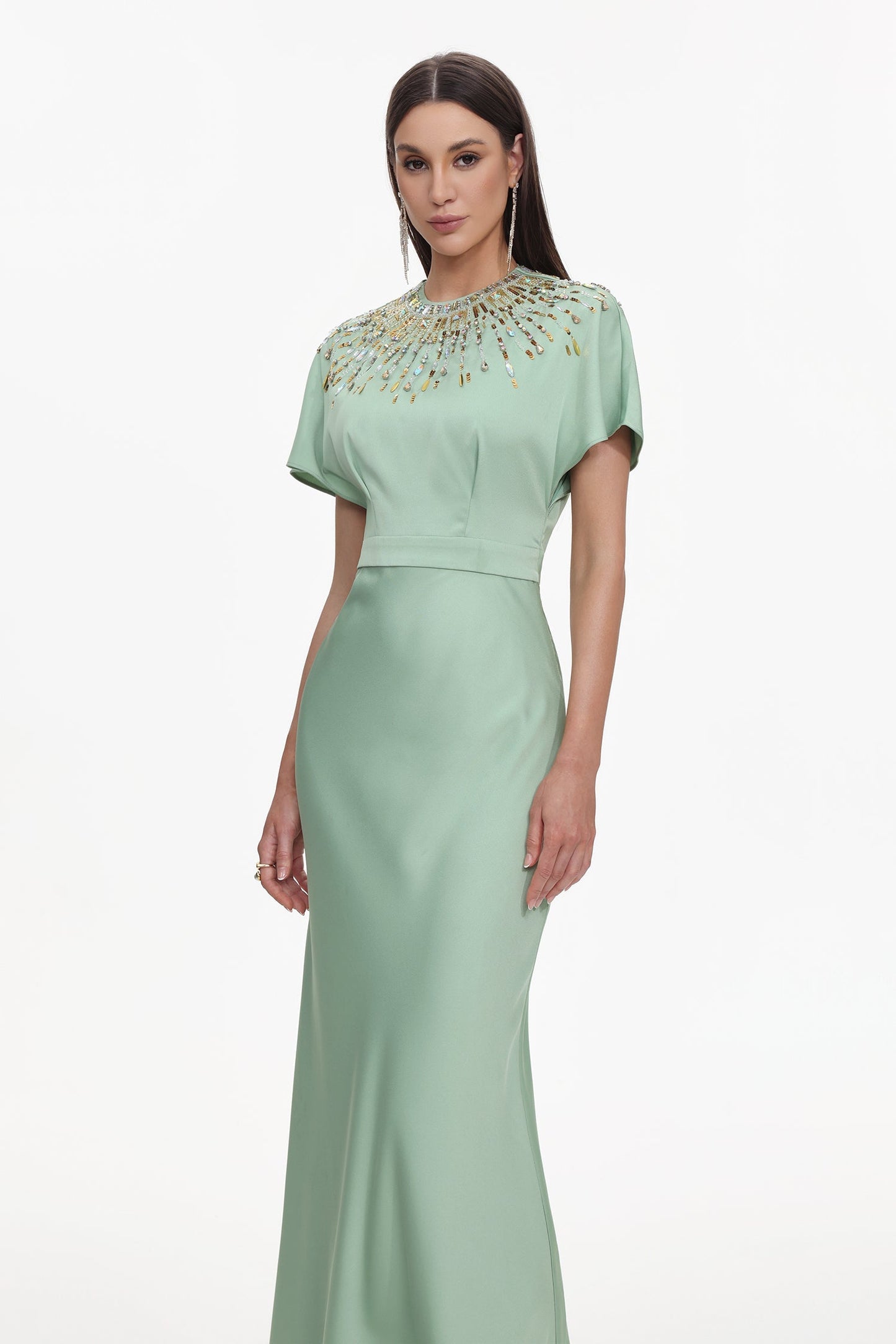 Lacey Short Sleeve Crystal Embellished Satin Maxi Dress