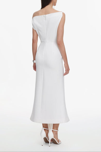 Paulina Oblique Shoulder Sleeveless Folds Midi Dress