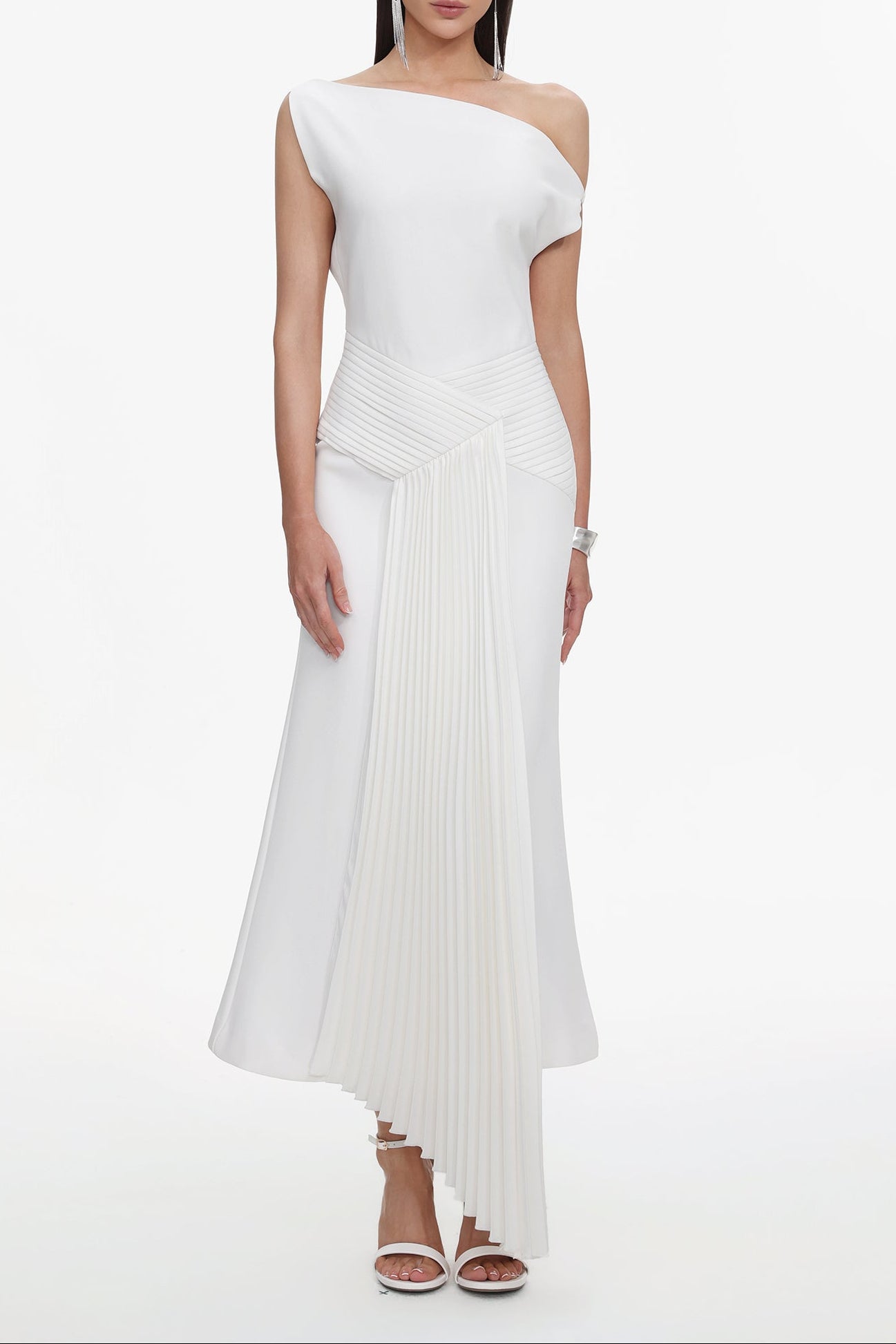 Paulina Oblique Shoulder Sleeveless Folds Midi Dress