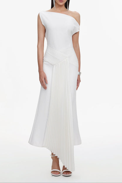 Paulina Oblique Shoulder Sleeveless Folds Midi Dress