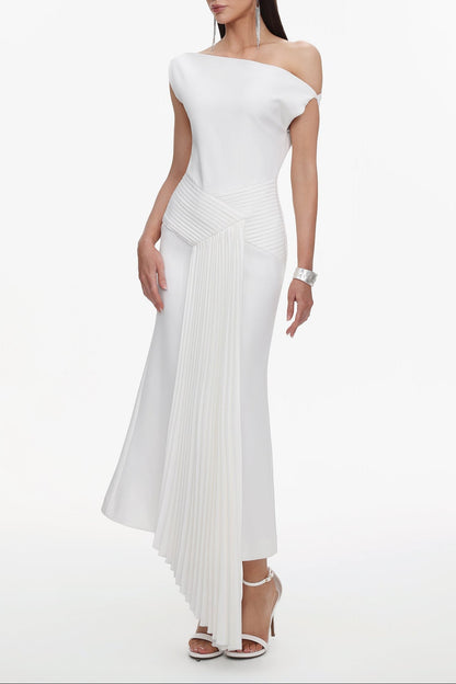 Paulina Oblique Shoulder Sleeveless Folds Midi Dress